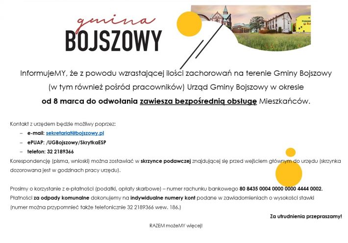 brak bezpośredniej obsługi mieszkańców od 8 marca do odwołania