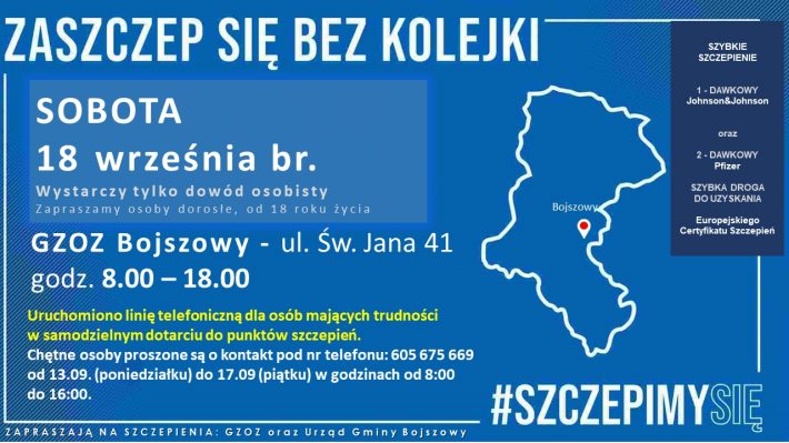 informacja o szczepieniu COVID19, 18 wrzesnia 8:00 - 18:00 GZOZ Bojszowy